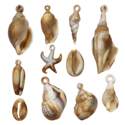 Multicolor seashell charms arranged on a light background