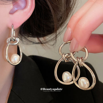 Abstract Hoop Pearl Drop Earrings In Two Metal Tones
