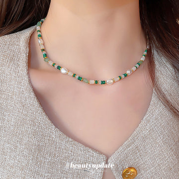 Green Gold White Pearl Stone Beaded Choker Necklace