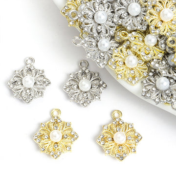 Pearl Rhinestone Flower Charms in Gold and Silver Tones