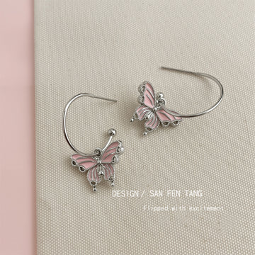 Silver Tone Pink Butterfly Hook Earrings For Women
