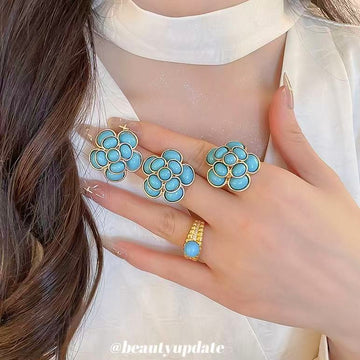 Gold Turquoise Resin Flower Studs Cluster Ring Bead Ring