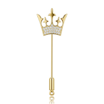 Crown Stick Pin Brooch in Detailed Metal and Crystal Design