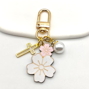 White Flower Gold Cross Pearl Lobster Clasp Keychain