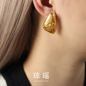 Triangle Eye Stud Earrings Gold Or Steel Polished Metal