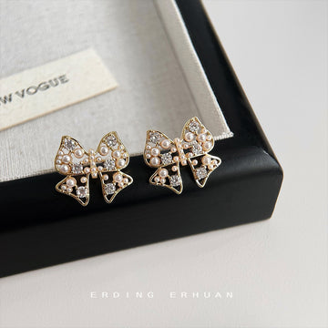 Gold Openwork Bow Pearl Clear Crystal Stud Earrings