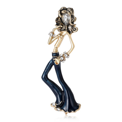 Navy enamel pants dancing lady brooch gold tone rhinestone figure