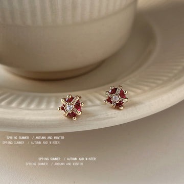 Gold-Tone Mini Red Crown Stud Earrings Clear Center Stone