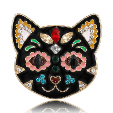 Black Enamel Cat Face Brooch Multicolor Rhinestone Gold Rim