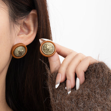 Brown Round Letter Medallion Gold Tone Stud Earrings