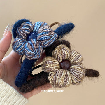 Blue And Brown Layered Yarn Flower Fuzzy Hair Claw Clip