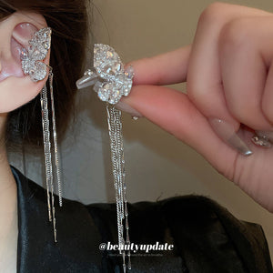 Silver Tone Crystal Butterfly Chain Tassel Ear Clips