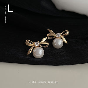 Bow Pearl Stud Earrings Square CZ Gold Silver Tone