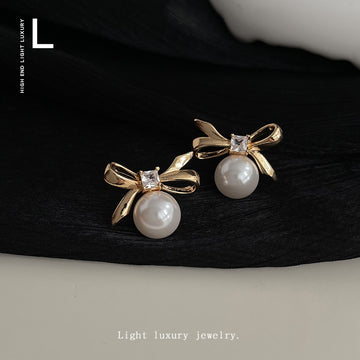 Bow Pearl Stud Earrings Square CZ Gold Silver Tone