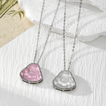 Rhinestone Frame Laughing Buddha Pendant Necklaces Two Colors