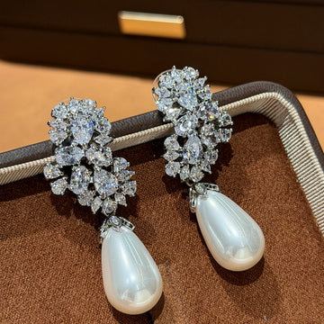Crystal Cluster Pearl Drop Earrings With Polished Metal Details