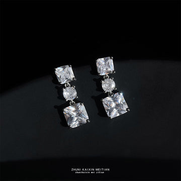 Silver-Tone Clear CZ Square Round Tier Drop Earrings