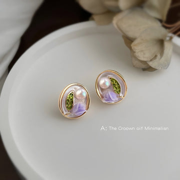 Gold Tone Lavender Tulip Green Leaf And Pearl Stud Earrings