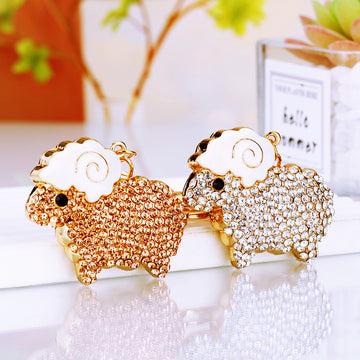 Jeweled Sheep Keychain with White Enamel Head and Gold Tone Body