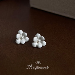 Matte Silver Flower Stud Earrings Small Pearl Centers