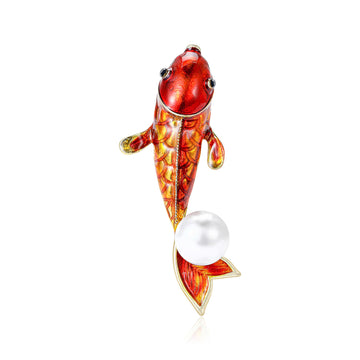 Red Enamel Koi Fish Brooch With Large White Pearl Accent