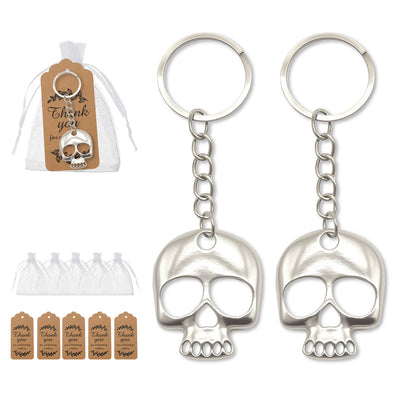Silver skull keychains with organza bags and kraft thank-you tags