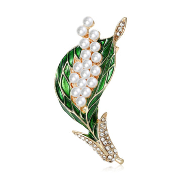 Pearl Lily of the Valley Brooch With Green Enamel Leaves