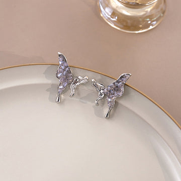 Silver Purple Crystal Butterfly Stud Earrings Lavender Wings