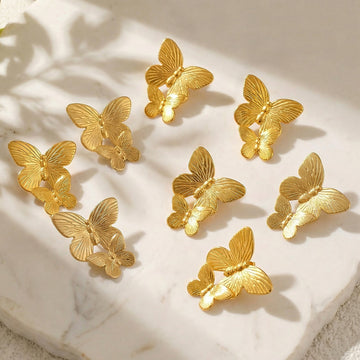 3D Dual Butterfly Stud Earrings Textured Gold Tone