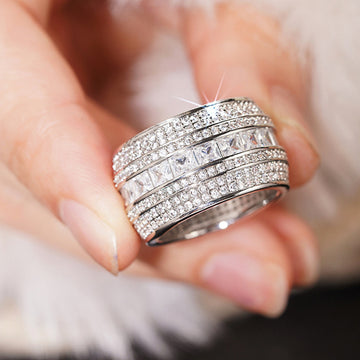 Baguette And Round Clear Stone Multi-Row Extra-Wide Ring Silver Tone