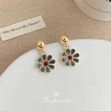 Gold Ball Stud Blue Enamel Daisy Red Center Drop Earrings