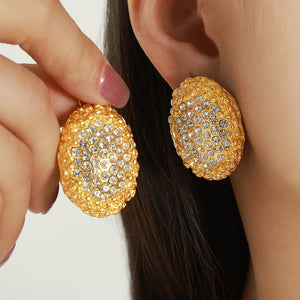 Gold Oval Textured Stud Earrings Pearl or Crystal Center