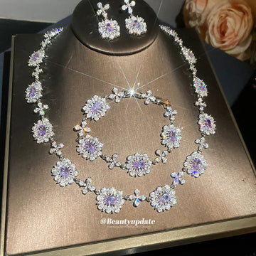 Flower Crystal Necklace Bracelet Earring Sets Gold Silver
