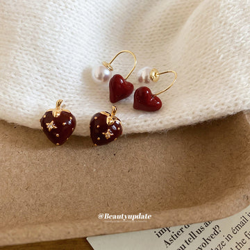 Red Strawberry And Heart Earrings With Polished Metal Tone Details