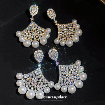 Fan Shaped Crystal Earrings with Pearl Fringe in Two Tones