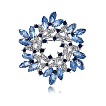 Blue Floral Wreath Openwork Crystal Two Designs Metal Brooch Pin