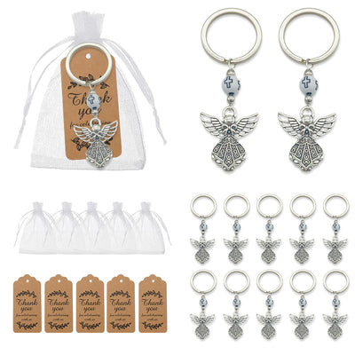 Angel keychain displayed beside white drawstring bags and brown thank-you tags.