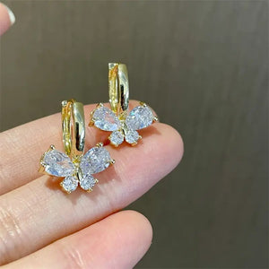 Butterfly Clear Stone Huggie Hoop Earrings Three Metal Colors