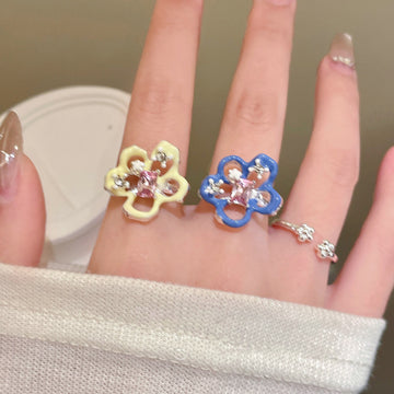 Open Enamel Flower Pink Crystal Rings Silver 2 Colors