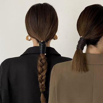 Wrapped Leather Look Ponytail Hair Tie In Black Or Dark Brown