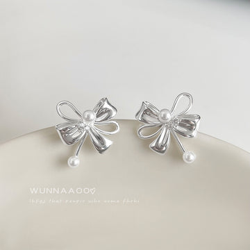 Silver-Tone Bow Stud Earrings Pearl Center and Drop