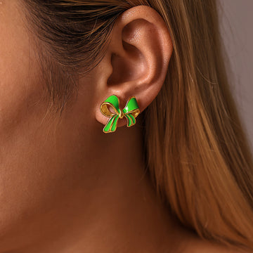 Gold Bow Enamel Stud Earrings Purple Green Blue Finishes