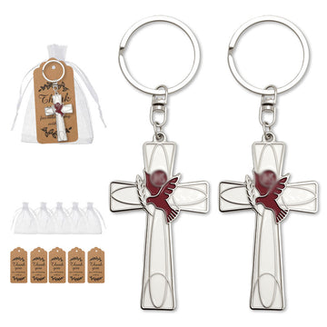 Silver Outline Cross and Red Rose Keychain and Attached Hardware