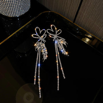 Silver Flower Crystal Long Tassel Statement Earrings
