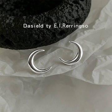 Silver Tone Polished Double Ridge Crescent Moon Stud Earrings