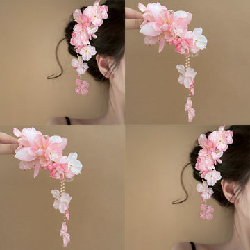 Fabric Flower Duckbill Clip With Bead Dangle Trails