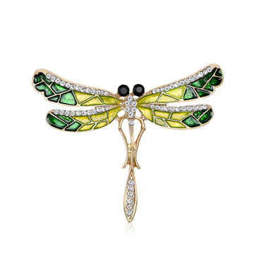 Green Crystal Dragonfly Brooch Pin with Gold Tone Body