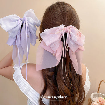 Sheer Mesh Bow Hair Claw Clip Flower Ribbons Pearl Drops