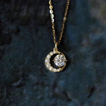 Gold Tone Crescent Moon Clear CZ Pendant Necklace Chain