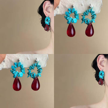Turquoise Blue Flower and Red Teardrop Dangle Earrings
